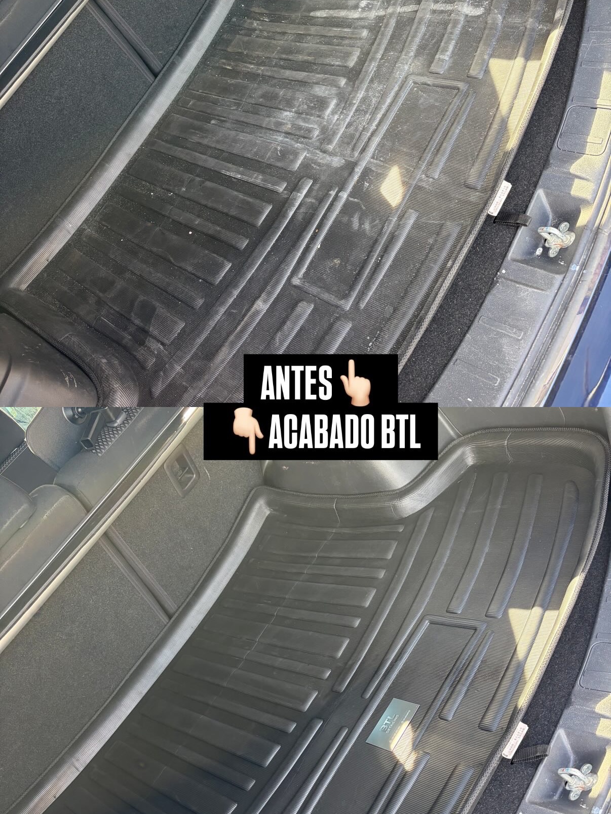 Comparativa antes y después del interior de un vehículo tras el trabajo de BTL Detailing