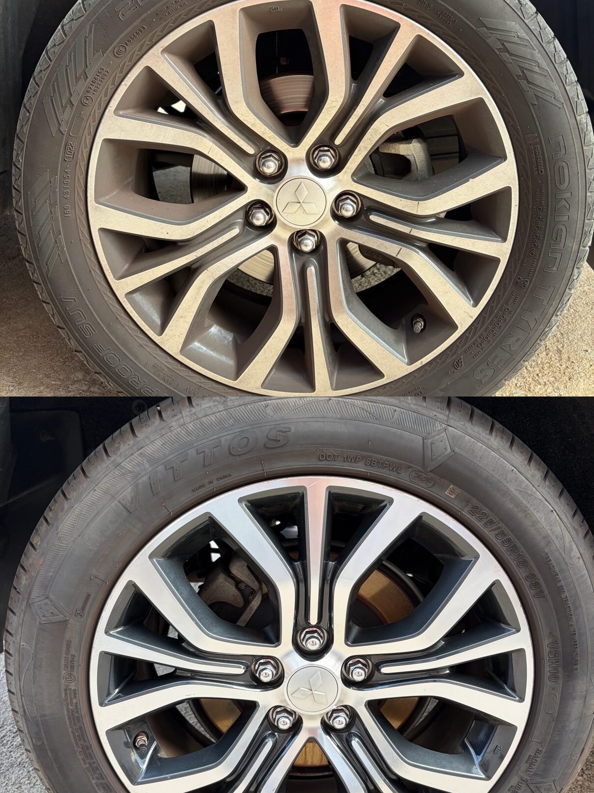Comparativa antes y después del acabado de unas llantas realizado por BTL Detailing